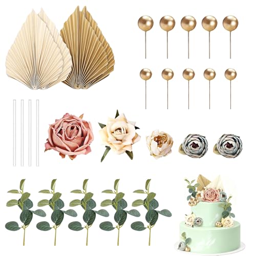 TMZELOA 28 Stück Boho Kuchendekorationsset, Künstliche Rosenblüten, Magnolienblätter, Goldene Boho Kugeln, Wiederverwendbare Torten Deko für Geburtstag, Hochzeit, Babyparty, Kommunion und Taufe von TMZELOA