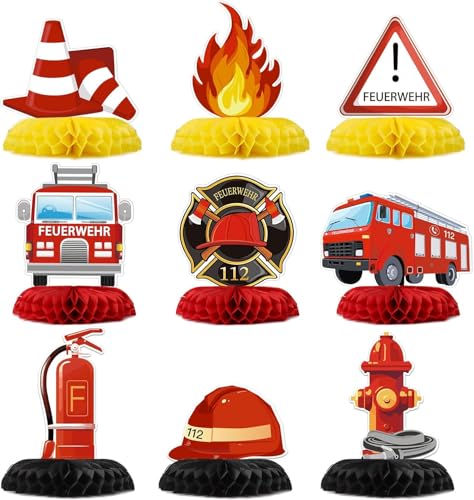 TMZELOA 9 Stück Feuerwehr Party Deko, Bienenwabe Mittelstücke für Kindergeburtstag, Feuerwehr Auto, Feuerlöscher, Helm, Einfache DIY Montage, Perfekt für Mottoparty, Gartenparty, Kindergeburtstag von TMZELOA
