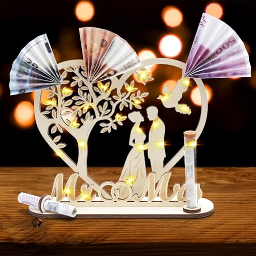 TMZELOA Hochzeitsgeschenk Geldgeschenk Set aus Holz mit LED – Hochzeitsgeschenke für Brautpaar Geld, hölzerne Hochzeit Geschenk Deko – 2 Meter Licht, Karte, Umschlag, Geschenkbeutel für Hochzeit von TMZELOA