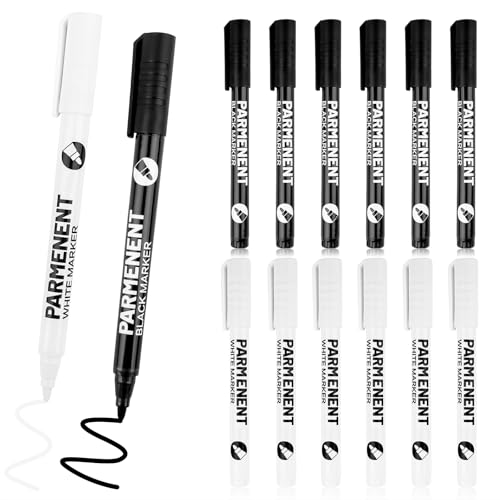 TNEDFOD 12 Stück Marker, Trocknender Wasserfest und Schnell Trocknender Permanent 6 Stück Schwarz, 6 Stück Weiß, Lackstift für DIY Zeichnung Stifte, Felsmalerei Keramik Leinwand von TNEDFOD