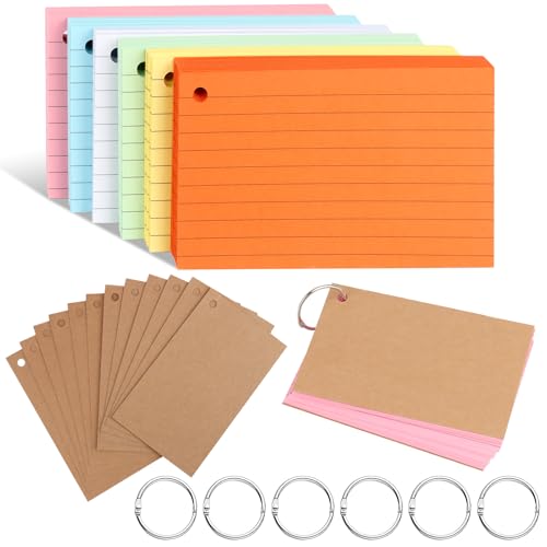 TNEDFOD 300 Blätter Karteikarten, 12,3 x 7,3 cm Linierte Karteikarte mit Ring und Kraftpapier Karten, Bunt Papier Karten Karteikarten für Vokabeln Lernen, Lernen Formeln, Oder Notizen (6 Farben) von TNEDFOD