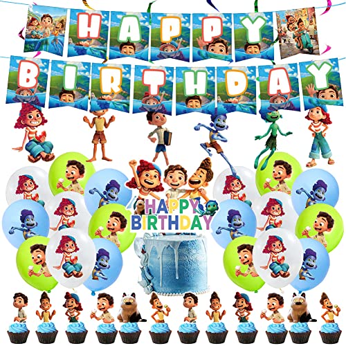 50Pcs Luca Geburtstagsparty Set,50Pcs TNMV Cartoon Alberto Film Thema Dekor Einschließlich Ballons Banner Flaggen Cake Topper Tolles Geschenk für Jungen und Mädchen von TNMV