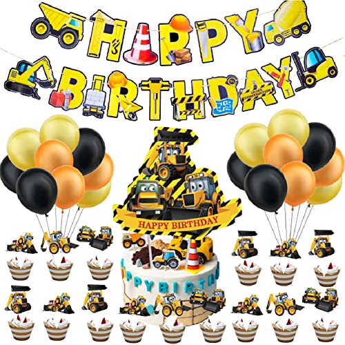 Bagger Geburtstag Deko, Geburtstag Junge Kindergeburtstag Deko Set,Happy Birthday Deko,Bagger Luftballons Baufahrzeug Feuerwehrauto Folienballons(44teil) von TNMV