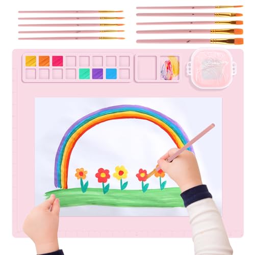 TNOMSNO Bastelmatte Silikon, 51x41CM Malunterlage für Kinder, Silikon Malmatte mit Bechern und 10 Pinsel, Multifunktional Silicone Painting Mat für DIY Handwerk Kinder Malen, Abwaschbar, BPA frei von TNOMSNO