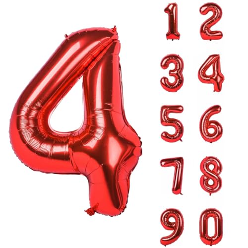 TNSRAY Luftballons Geburtstag Zahlen 4, Rot, 32 Zoll (82cm) Helium Ballons, Folienballon Geburtstagsdeko Geburtstag zahlen luftballon, Folienballon Riesen Folienballon für Kinder, Junge, Mädchen von TNSRAY