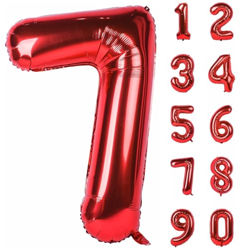 TNSRAY Luftballons Geburtstag Zahlen 7, Rot, 32 Zoll (82cm) Helium Ballons, Folienballon Geburtstagsdeko Geburtstag zahlen luftballon, Folienballon Riesen Folienballon für Kinder, Junge, Mädchen von TNSRAY