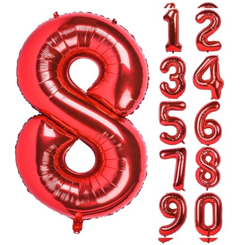 TNSRAY Luftballons Geburtstag Zahlen 8, Rot, 32 Zoll (82cm) Helium Ballons, Folienballon Geburtstagsdeko Geburtstag zahlen luftballon, Folienballon Riesen Folienballon für Kinder, Junge, Mädchen von TNSRAY