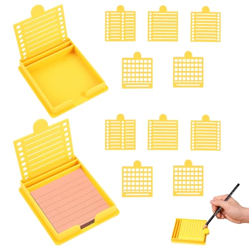 Haftnotiz-Schablone,2 Stück Haftnotiz-Halter mit 10 Schablonen,10,8×9×1,5 cm,Kunststoff-Notizlinien-Schablone und -Halter,Wiederverwendbarer Haftnotiz-Spender-Organisator für Büro und Zuhause(Gelb) von TNTGMG