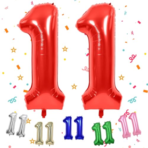 TNYKER Zahlen Luftballon 11 Rot, XXL Riesen 11. Geburtstag Deko für Mädchen, 40" Folienballon 11 für 11 Jahre Geburtstag, Helium Zahlenballon 11 Geburtstagsdeko, Rot Ballon 11 für Hochzeitstag Deko von TNYKER