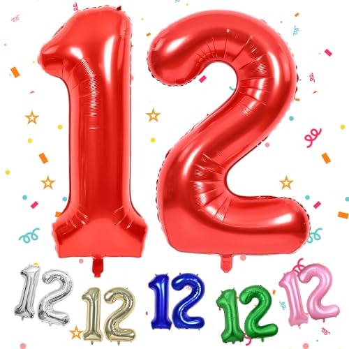 TNYKER Zahlen Luftballon 12 Rot, XXL Riesen 12. Geburtstag Deko für Mädchen, 40" Folienballon 12 für 12 Jahre Geburtstag, Helium Zahlenballon 12 Geburtstagsdeko, Rot Ballon 12 für Hochzeitstag Deko von TNYKER
