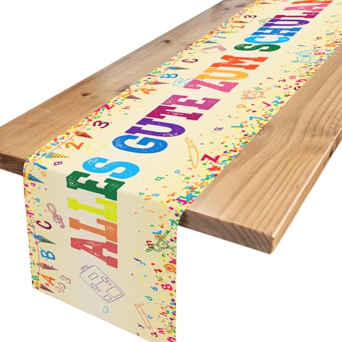 Tischläufer Einschulung Deko, Gelb Schultüte Tischdecke Schulanfang, Alles Gute Zum Schulanfang Tischdeko, Geschenk Zuckertüte Schulkind Party Deko für Jungen Mädchen, 180 x 35 cm von TNYKER