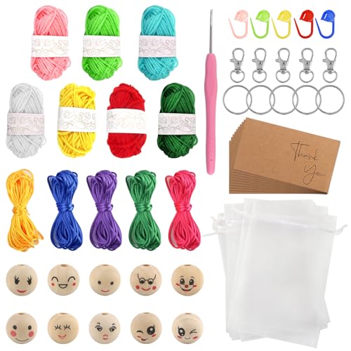 TOAOB 108 Stück Sorgenwürmchen Häkeln Set mit 30 Stück Lächeln Gesicht Holzperlen Bunte Häkelgarn mit Häkeln Handstrickgar Organzabeute für DIY Glückswürmchen Handwerk Schlüsselanhänger Kunsthandwerk von TOAOB THE ONE AND ONLY BABY