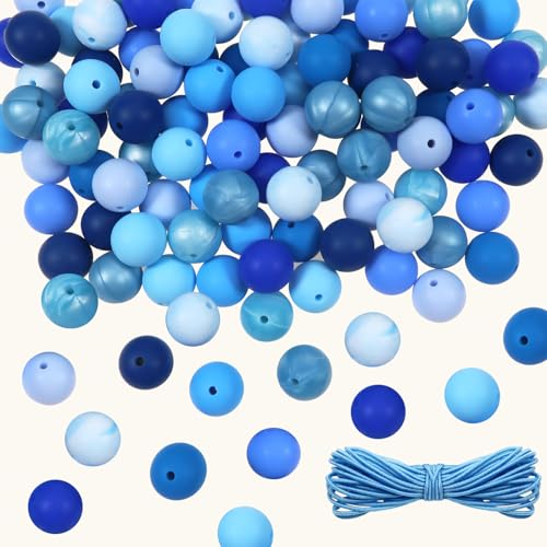 TOAOB 120 Stück Blau Serie Silikonperlen Perlen set 15mm für Armbänder Runde mit Löchern Enthält Elastisches Seil für Die Herstellung von Armbändern Schmuck DIY Handwerk von TOAOB THE ONE AND ONLY BABY