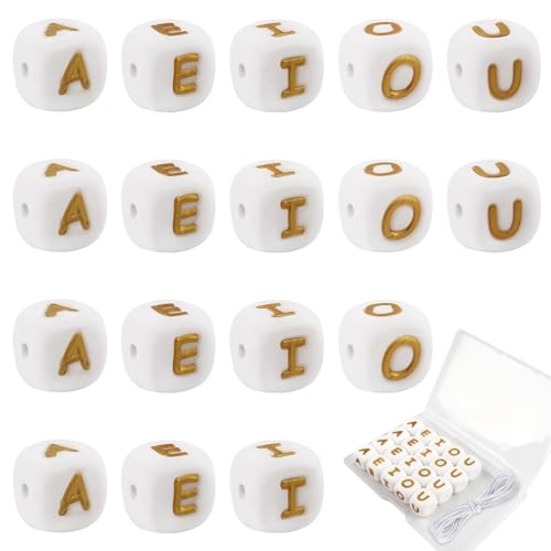 TOAOB 20 Stück Buchstabenperlen aus Silikon für Armbänder 12 mm Weiß und Gold Würfel A E I O U Große Alphabet Perlen und 2 m Faden für Halsketten Modeschmuck DIY Phone Ketten Schlüsselanhänger TOAOB 20 Stück Buchstabenperlen aus Silikon für Armbänder 12 mm Weiß und Gold Würfel A E I O U Große Alphabet Perlen und 2 m Faden für Halsketten Modeschmuck DIY Phone Ketten Schlüsselanhänger von TOAOB THE ONE AND ONLY BABY
