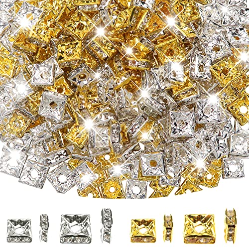 TOAOB 200 Stück 6mm 8mm Rondelle Strass Spacer Perlen Silberton Golden Quadrat Metall Kristall Strasssteine Zwischenperlen für Schmuckherstellung von TOAOB THE ONE AND ONLY BABY