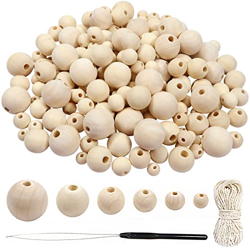 TOAOB 200 Stück 8mm bis 20mm Holzperlen Runde Natürliche Gemischte Größe Perlen Enthalten 14 Meter Baumwollfaden mit Perlen Einfädler für DIY Schmuck Herstellung von TOAOB THE ONE AND ONLY BABY
