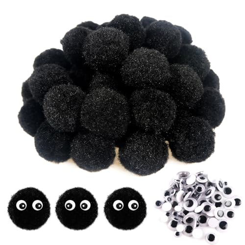 TOAOB 50 Stück Pompons zum Basteln Groß 30 mm Schwarz Pompom Flauschigen Plüsch set Bälle Kunst Bommel mit 100 Stück Selbstklebend Wackelaugen für Dekorieren Nähen DIY Lustige Kreativen Handwerk von TOAOB THE ONE AND ONLY BABY