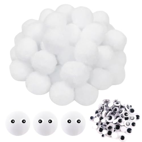 TOAOB 50 Stück Pompons zum Basteln Groß 30 mm Weiß Pompom Flauschigen Plüsch set Bälle Kunst Bommel mit 100 Stück Selbstklebend Wackelaugen für Dekorieren Nähen DIY Lustige Kreativen Handwerk von TOAOB THE ONE AND ONLY BABY