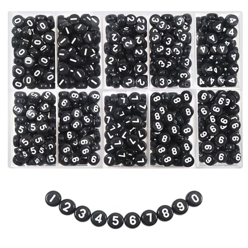 TOAOB 500 Stück Zahlen Perlen Schwarz mit Weiß Zahlensymbol zum Auffädeln 4x7mm Arabische Ziffern Zahlenperlen mix 0 bis 9 Spacer Perlen für Schmuckherstellung von TOAOB THE ONE AND ONLY BABY