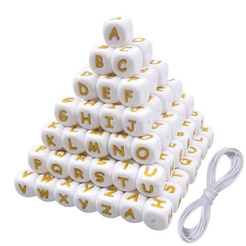 TOAOB 52 Stück 12 x 12 mm Silikon Buchstabenperlen Weiß Gold Wort A bis Z Würfelbuchstaben Perlen Spacer Perlen für Schmuckherstellung von TOAOB THE ONE AND ONLY BABY