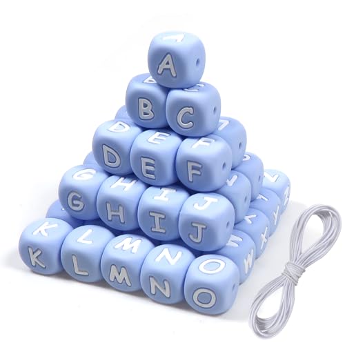 TOAOB 52 Stück Buchstabenperlen aus Silikon für Armbänder, 12 mm, Blau und Weiß, großer Würfel, Alphabet, Perlen und 2 m Faden für Halsketten, Schmuck, DIY, Telefon, Ketten, Schlüsselanhänger von TOAOB THE ONE AND ONLY BABY