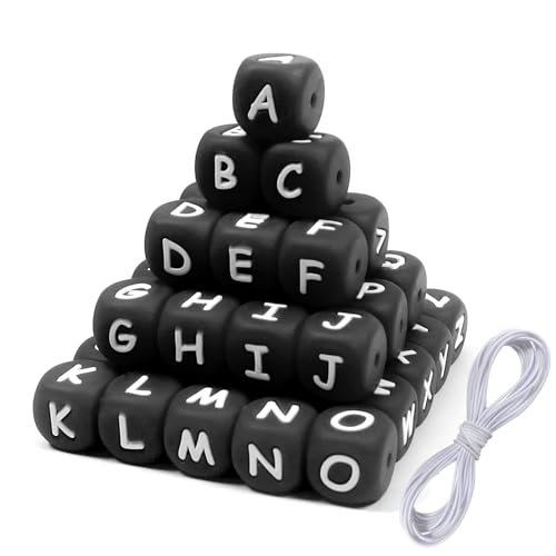 TOAOB 52 Stück Buchstabenperlen aus Silikon für Armbänder, 12 mm, Schwarz und Weiß, großer Würfel, Alphabet, Perlen und 2 m Faden für Halsketten, Schmuck, DIY, Telefon, Ketten, Schlüsselanhänger von TOAOB THE ONE AND ONLY BABY