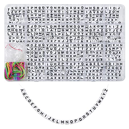 TOAOB 800 Stück 6x6mm Weiß Buchstabenperlen Würfel Acryl Perlen mit Schwarz Buchstaben A bis Z mit mit 15m Kristallfaden und 5m Bunter elastischer Faden für Schmuckherstellung von TOAOB THE ONE AND ONLY BABY