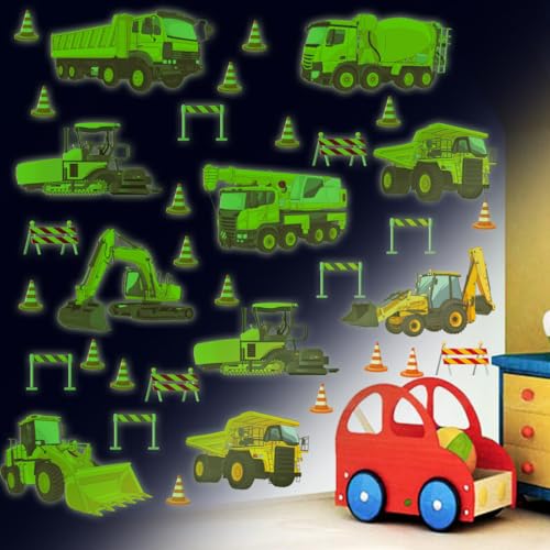 TOARTI 26 Stück Transporte Auto Wandsticker,Wandtattoo Kinderzimmer Junge,Cartoon Fahrzeuge Leuchtend Wandaufkleber,Traktor Bagger Leuchtsticker für Junge Mädchen Schlafzimmer Babyzimmer Geschenk Deko von TOARTi