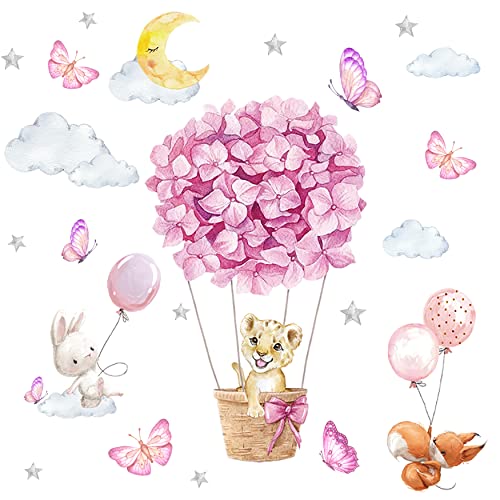 TOARTI Wandsticker Kinderzimmer,Rosa Wandtattoo,Tiere Heißluftballon Wandaufkleber,Blumen Wanddeko,DIY Fuchs Hase Babyzimmer Wandbild Mädchen Junge Schlafzimmer Wanddeko von TOARTi