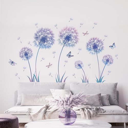 TOARTI Groß Wandtattoo Löwenzahn,Blau Wandsticker für Kinderzimmer Mädchen,Wandtattoo Pusteblume für Schlafzimmer,Schmetterling Pflanzen Blumen Wandaufkleber für Babyzimmer Wohnzimmer Wanddeko von TOARTi