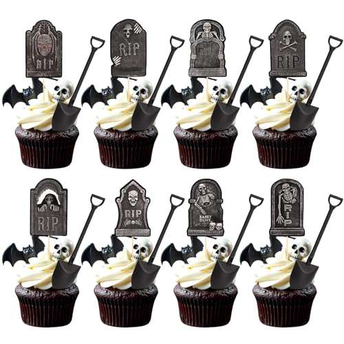 48 Stück Halloween-Cupcake-Topper, Grabstein, Friedhof, Cupcake-Topper mit Schaufellöffeln, Kuchendekorationen für Halloween, Geburtstag, Party, Dekoration 48 Stück Halloween-Cupcake-Topper, Grabstein, Friedhof, Cupcake-Topper mit Schaufellöffeln, Kuchendekorationen für Halloween, Geburtstag, Party, Dekoration von TOATOM