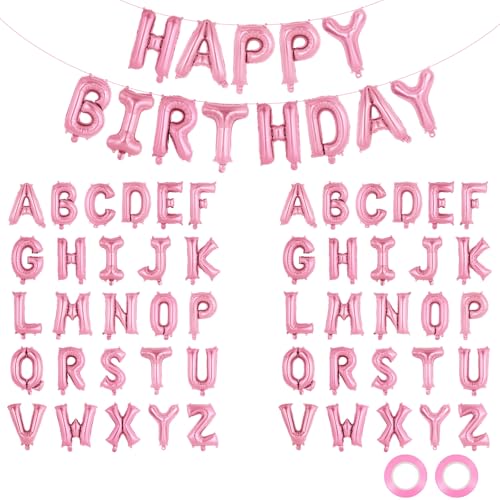 65 Stück Happy Birthday Luftballons und 2 Sets A-Z Buchstaben Folienballons, 40,6 cm personalisierte Namen, Happy Birthday Banner für Hochzeit, Babyparty, Jahrestag, Party-Dekorationen (Rosa) von TOATOM