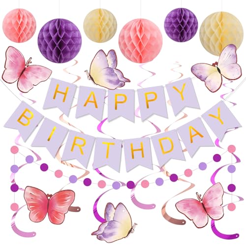 Lila Happy Birthday Banner, Geburtstagsschild Banner mit Schmetterling hängende Wirbel Luftschlangen Wabenpapier Ball Kreise Punkte Schnur für Frauen Männer Geburtstage Party Supplies von TOATOM
