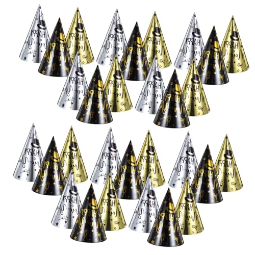 TOBBOMEY 30 Stück Teiliges Happy Year Partyhüte aus Papier in Schwarz Gold und Silber Leichte Neujahrsfest Hüte für Erwachsene Wiederverwendbar Komfortabel Festliche Silvester Deko von TOBBOMEY