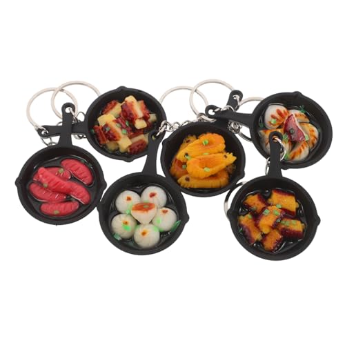 TOBBOMEY 6 Stück Mini Bratpfannen Schlüsselanhänger mit Imitat-food Anhängern Leichte Robuste Taschenanhänger mit Bratwürstchen Gebratenen Teigtaschen Rippchen und Garnelen als von TOBBOMEY