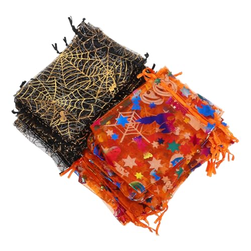 TOBBOMEY 60 Stück Halloween Geschenktüten mit Kordelzug Schwarze Organza Beutel mit Goldspinne und Orangefarbene Kürbis Candy Pouches für Süßigkeiten Snacks Party Mitgebsel und Treats von TOBBOMEY