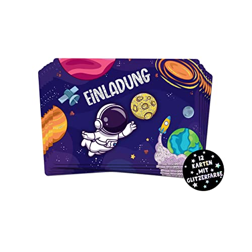 TOBJA® 12x Einladungskarten Kindergeburtstag Astronaut - Einladung für Kinder mit Glitzer | Einladungskarten All Geburtstag Jungen | Auch zur Einschulung o. Partyeinladungen von TOBJA