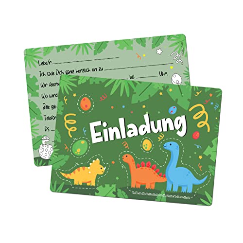 TOBJA® 12x Einladungskarten Kindergeburtstag Dino - Einladung für Kinder mit Dinosaurier Aufkleber | Einladungskarten Geburtstag Jungen | Auch zur Einschulung o. Partyeinladungen von TOBJA
