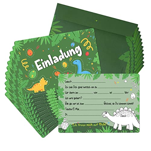 TOBJA® 12x Einladungskarten Kindergeburtstag Dino inkl. Umschläge - Einladung für Kinder mit Dinosaurier Aufkleber | Einladungskarten Geburtstag Jungen | Auch zur Einschulung o. Partyeinladungen von TOBJA