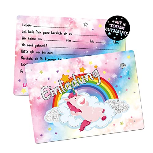 TOBJA® 12x Einladungskarten Kindergeburtstag Einhorn - Tolle Einladung für Kinder mit echtem Glitzer | Einladungskarten Geburtstag Mädchen | Auch Einschulung oder als Partyeinladungen (12x Einhorn) von TOBJA