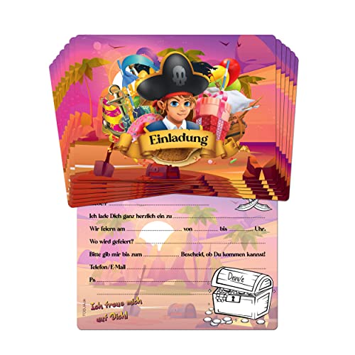 TOBJA® 12x Einladungskarten Kindergeburtstag Pirat - Einladung für Kinder mit Piraten-Motiv | Einladungskarten Geburtstag Jungen | Auch zur Einschulung o. Partyeinladungen von TOBJA