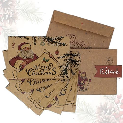 TOBJA® 15x Kraftpapier Weihnachtskarten mit Umschlag - Frohe Weihnachten, Merry Christmas Karten-Set | Klappkarten Weihnachten aus original Kraftpapier | Hochwertige Weihnachts Grußkarten von TOBJA