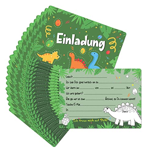 TOBJA® 24x Einladungskarten Kindergeburtstag Dino - Einladung für Kinder mit Dinosaurier Aufkleber | Einladungskarten Geburtstag Jungen | Auch zur Einschulung o. Partyeinladungen von TOBJA