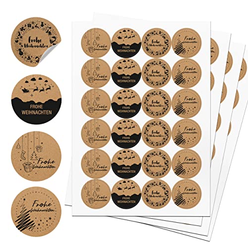 TOBJA® Aufkleber Weihnachten 96 Stück - Weihnachtsaufkleber für Geschenke in 4 Variationen | Sticker Set "Frohe Weihnachten" | Echtes Papier "Kraftpapier" 4 cm Etiketten rund (Kraftpapier DE) von TOBJA