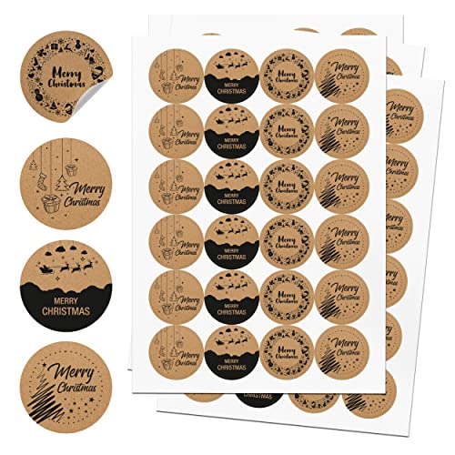 TOBJA® Aufkleber Weihnachten 96 Stück - Weihnachtsaufkleber für Geschenke in 4 Variationen | Sticker Set "Merry Christmas" | Echtes Papier "Kraftpapier" 4 cm Etiketten rund (Kraftpapier EN) von TOBJA