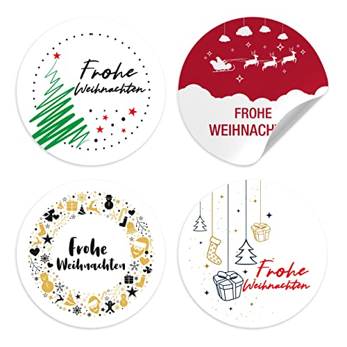 TOBJA® Aufkleber Weihnachten DE weiß - 96x Weihnachtsaufkleber für Geschenke in 4 Variationen | Sticker Set Frohe Weihnachten | 4 cm Etiketten rund von TOBJA