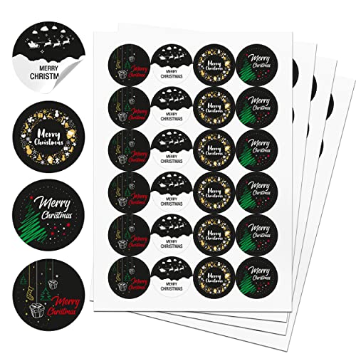 TOBJA® Aufkleber Weihnachten EN schwarz - 96x Weihnachtsaufkleber für Geschenke in 4 Variationen | Sticker Set Merry Christmas | 4 cm Etiketten rund von TOBJA