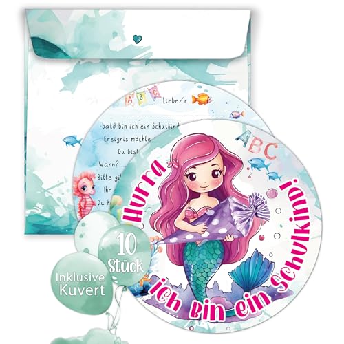 TOBJA 10er Set Einschulung Einladungskarten - Inklusive bedruckte Umschläge | Süßes Meerjungfrau Design | Einladung Einschulung Mädchen von TOBJA