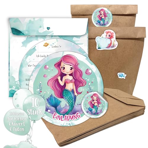TOBJA 10x Einladungskarten Geburtstag & Mitgebseltüten Meerjungfrau | Kraftpapiertüten, Aufkleber, Karten, Umschläge Set für den Kindergeburtstag | Geburtstag für Mädchen (Meerjungfrau mit Tüten) TOBJA 10x Einladungskarten Geburtstag & Mitgebseltüten Meerjungfrau | Kraftpapiertüten, Aufkleber, Karten, Umschläge Set für den Kindergeburtstag | Geburtstag für Mädchen (Meerjungfrau mit Tüten) von TOBJA