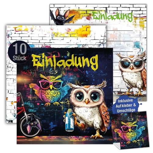 TOBJA 10x Einladungskarten Kindergeburtstag Mädchen & Jungen Graffiti Eulen Design XXL 15 x 15 cm | mit Stickern & Umschlägen | Geburtstagseinladungen für Teenager & Kinder (inkl. Umschläge) von TOBJA